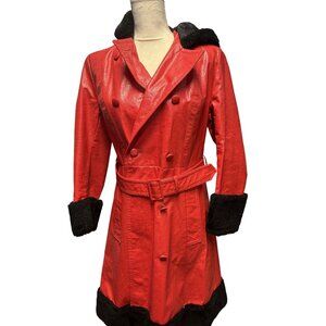 Vintage Red Faux Leather Trench Coat With Black Fleece Trim and Hood Women's Siz
